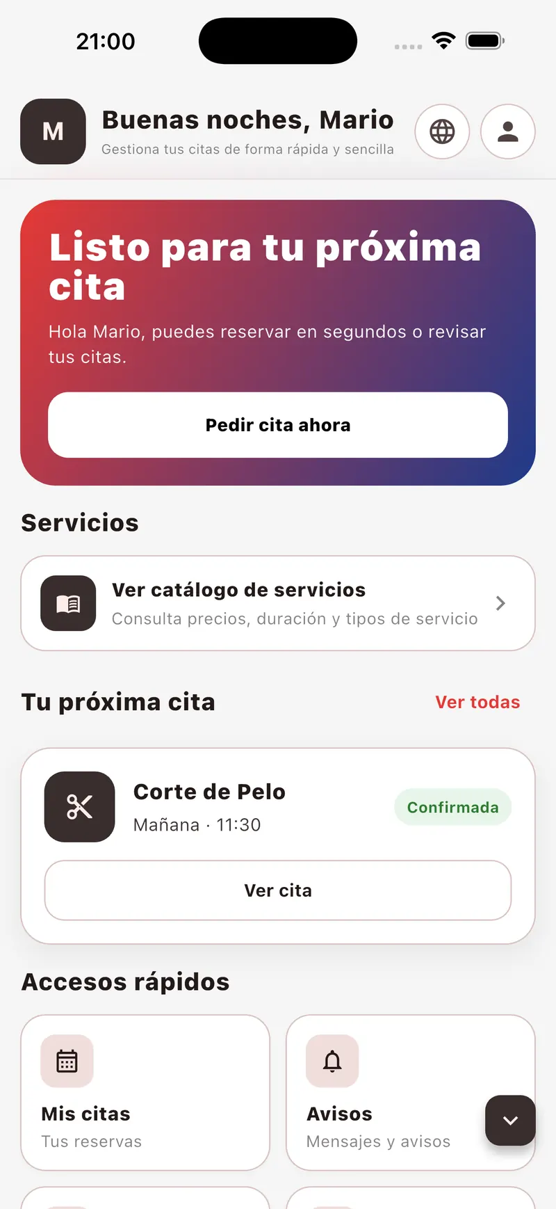 Home screen of the Hidalgo Junior customer app, with the next appointment and the booking button