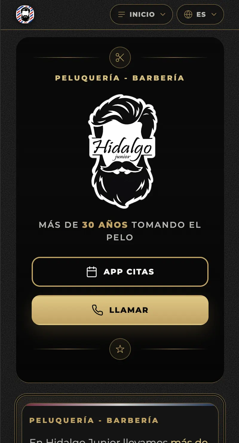 Home page of hidalgojunior.com, the Hidalgo Junior barbershop website in Sant Pere de Ribes